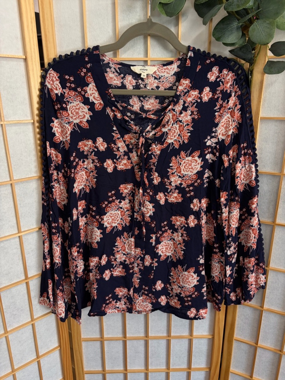 entro Navy Floral Lace-Trim Tie-Neck Blouse